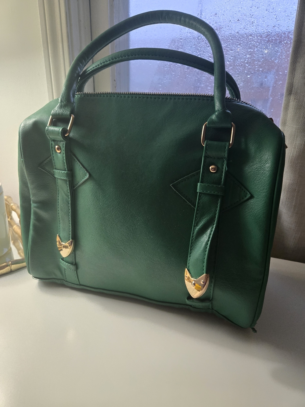Green Structured Satchel Handbag with Gold Accents